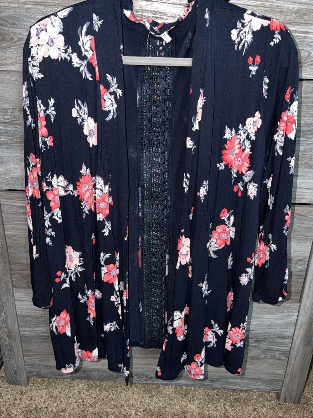 Maurices Navy Floral Open-Front Cardigan with Pink Coral Blooms